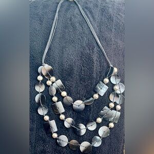 Layered Statement Necklace – Black Disc & Silver Bead Design